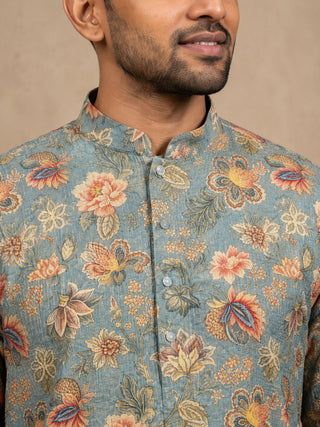 Floral Print & Thread Work Kurta Pyjama Set