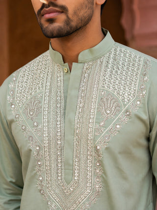 Embroidered Cotton Blend Kurta with Korean Pants