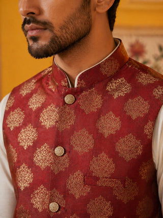 Men's Maroon Printed Nehru Jacket With Solid Kurta Pyjama