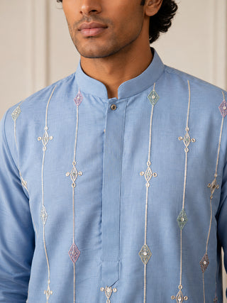 Men’s Silk-Blend Embroidered Kurta with Korean Pants