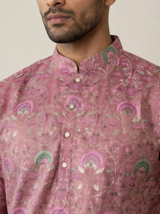 Silk Blend Foil Print Kurta & Korean Pants Set