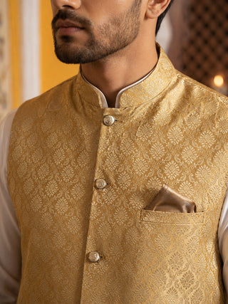 Woven Design Nehru Jacket With Solid Kurta Pyjama for Men