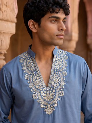 Cotton Blend Embroidered Kurta with Korean Pants