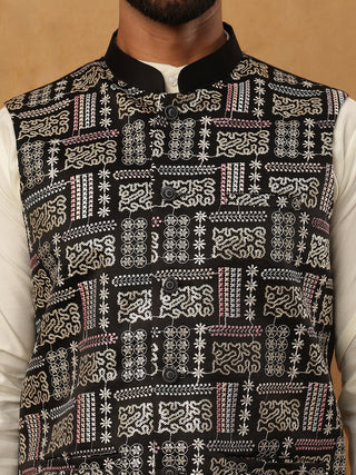 Embroidered Nehru Jacket Set with Solid Kurta Pyjama