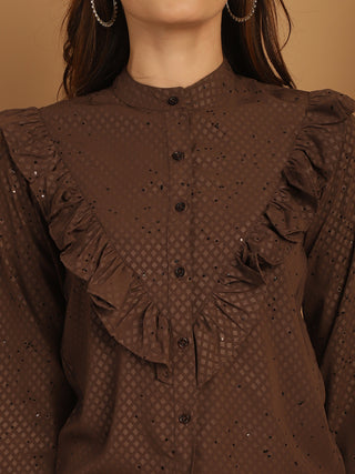 Coffee Brown Woven Design Frill Top