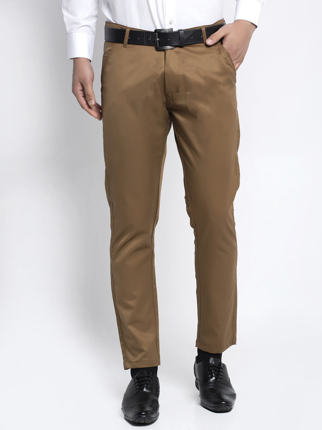 Jainish Men's Brown Tapered Fit Formal Trousers
