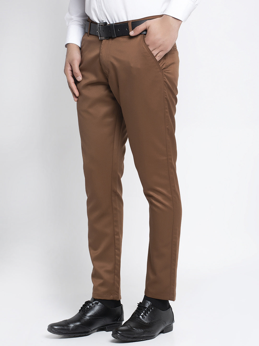 Jainish Men's Brown Tapered Fit Formal Trousers