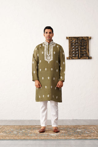 Men's Olive Chikankari Embroidered Kurta With Pyjama