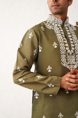 Men's Olive Chikankari Embroidered Kurta With Pyjama