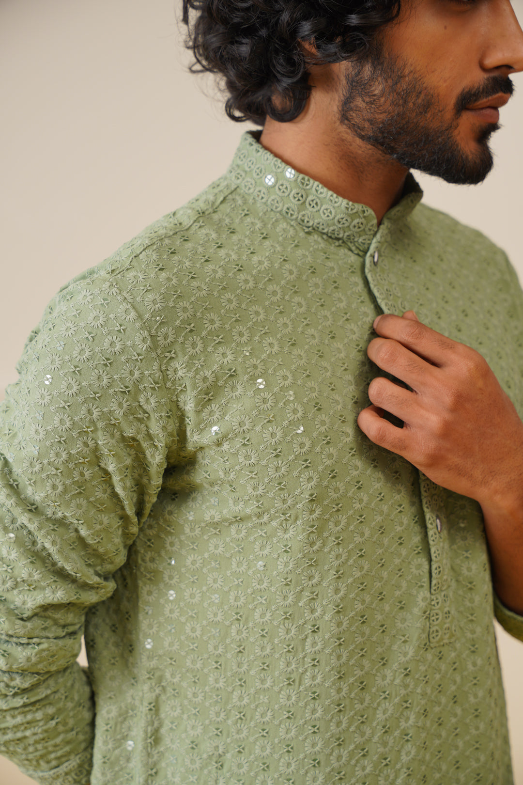 Men Pista Green Chikankari Embroidered and Sequence Kurtas