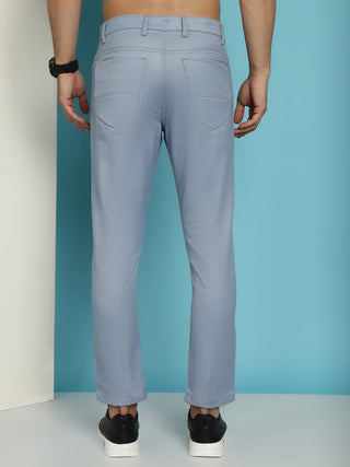 Men's Blue Solid Cotton Casual Trouser