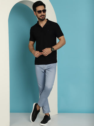 Men's Blue Solid Cotton Casual Trouser