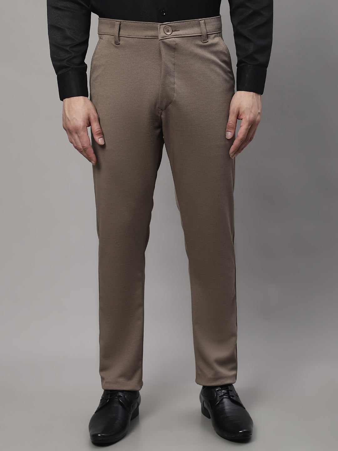 Jainish Men's Dark-Beige Tapered Fit Formal Trousers