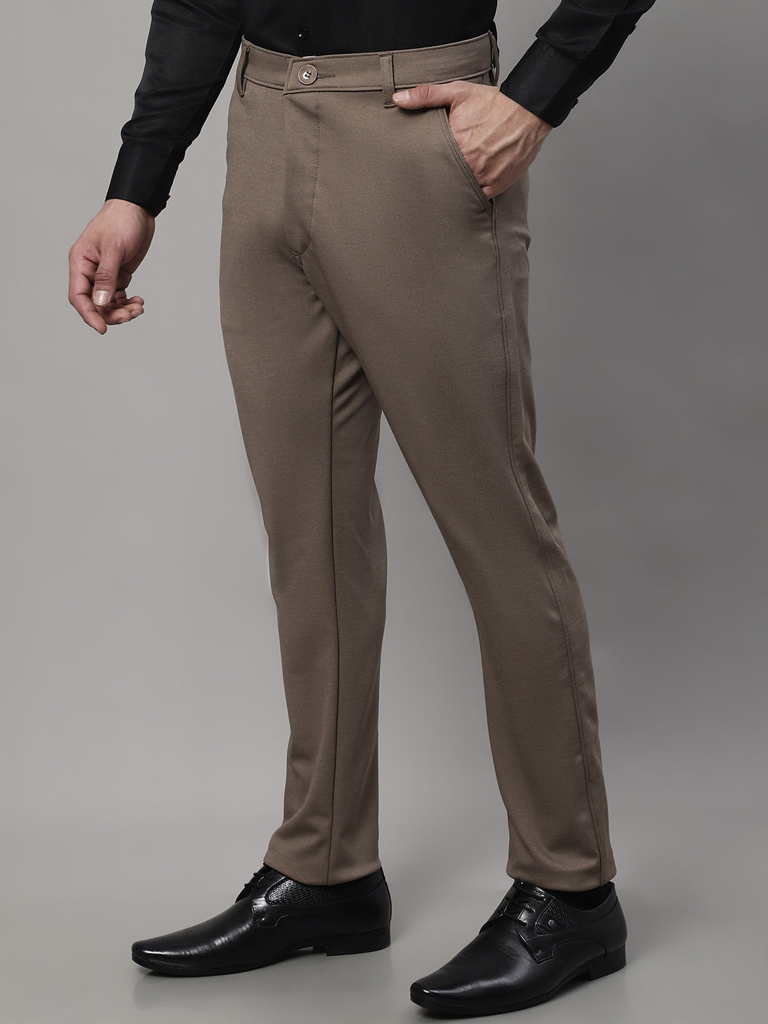 Jainish Men's Dark-Beige Tapered Fit Formal Trousers