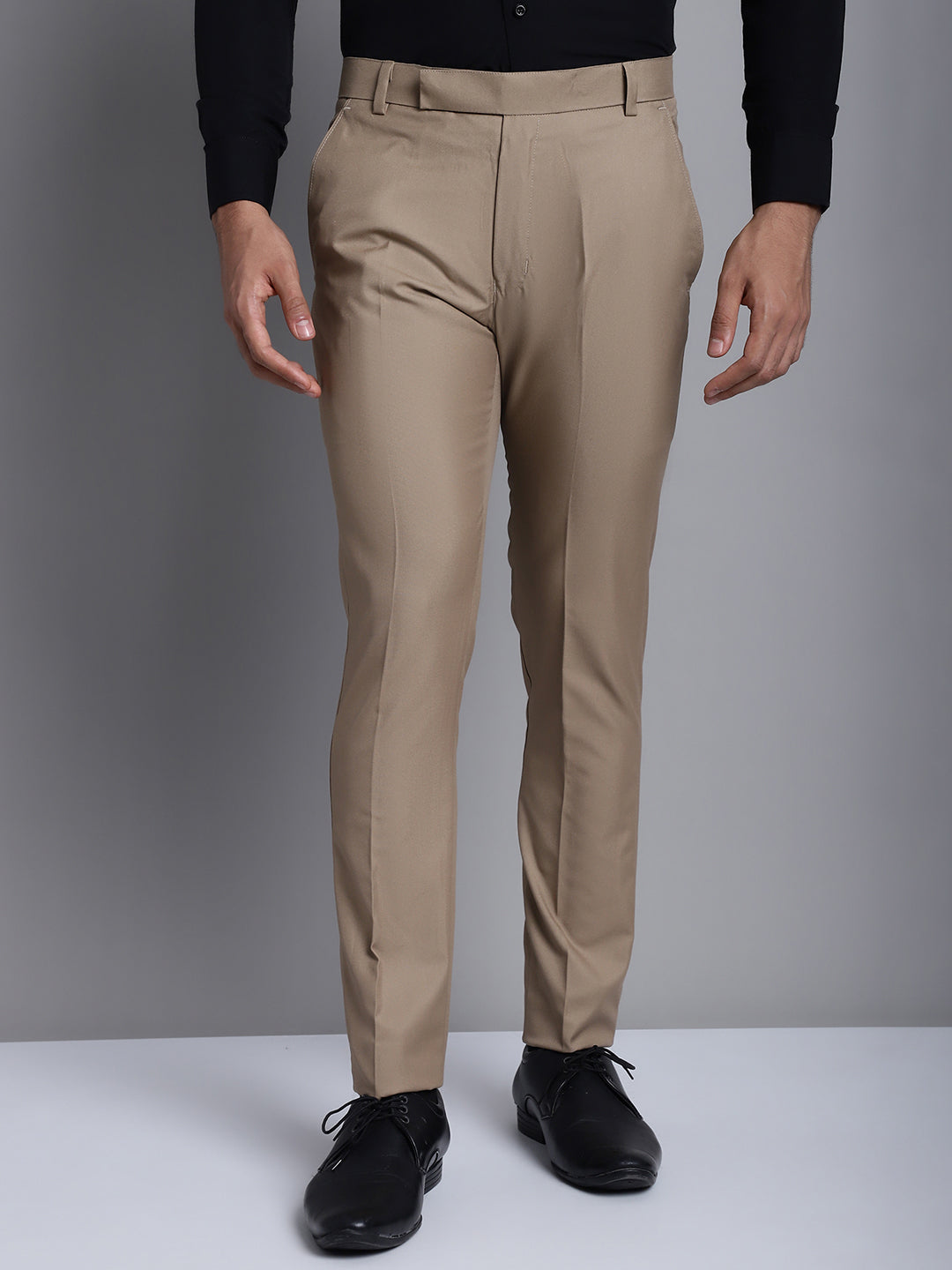 Jainish Men's Beige Tapered Fit Formal Trousers