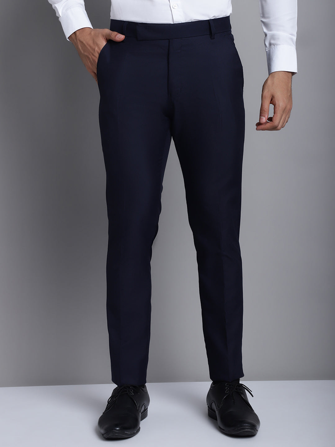 Jainish Men's Navy Tapered Fit Formal Trousers
