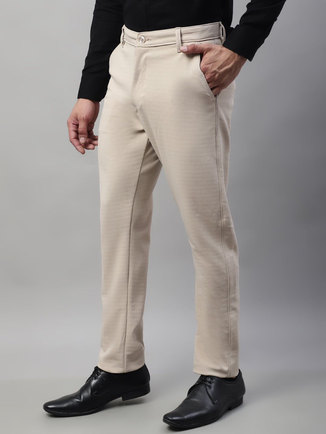 Jainish Men's Cream Tapered Fit Formal Trousers