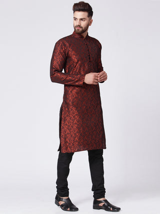 Men Maroon & Black Woven Design Kurta with Churidar