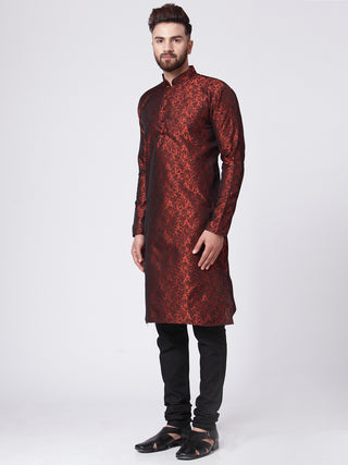 Men Maroon & Black Woven Design Kurta with Churidar