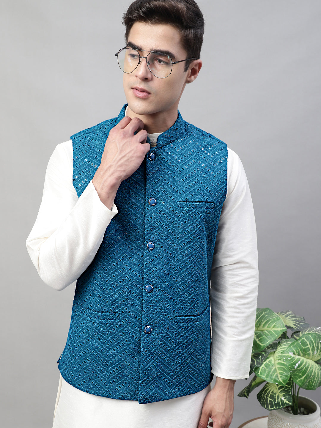 Men Sequins Embroidered Rayon Nehru Jacket