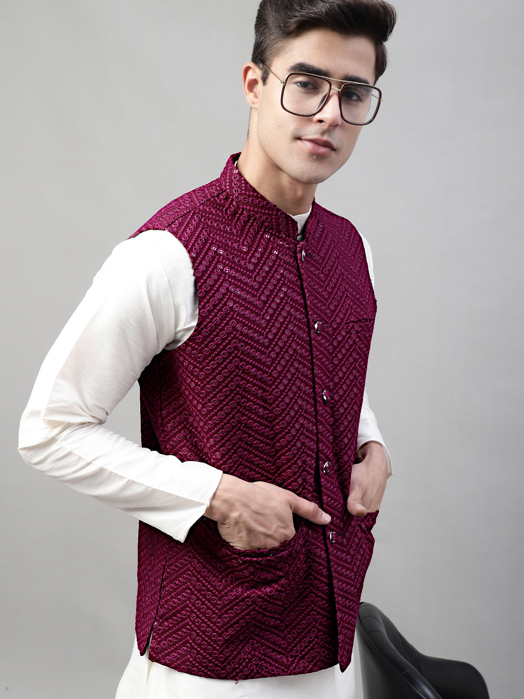 Men's Sequins Embroidered Rayon Nehru Jacket