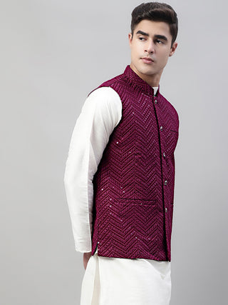 Men's Sequins Embroidered Rayon Nehru Jacket