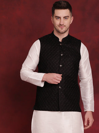 Black Woven Design Nehru Jacket