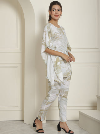 Women Beige Tie Dye Printed Rayon Kaftan Tunic With Trousers