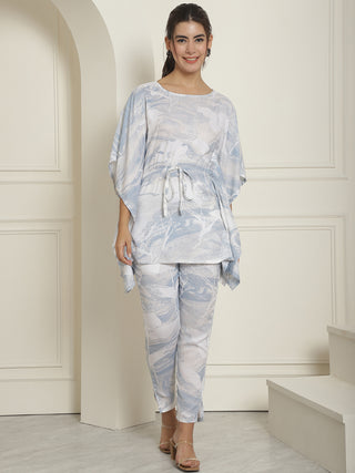 Women Light-Blue Tie Dye Printed Rayon Kaftan Tunic With Trousers