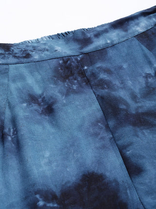Women Navy Blue Tie Dye Printed Rayon Kaftan Tunic With Trousers