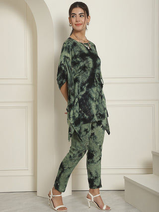 Women Olive Green Tie Dye Printed Rayon Kaftan Tunic With Trousers