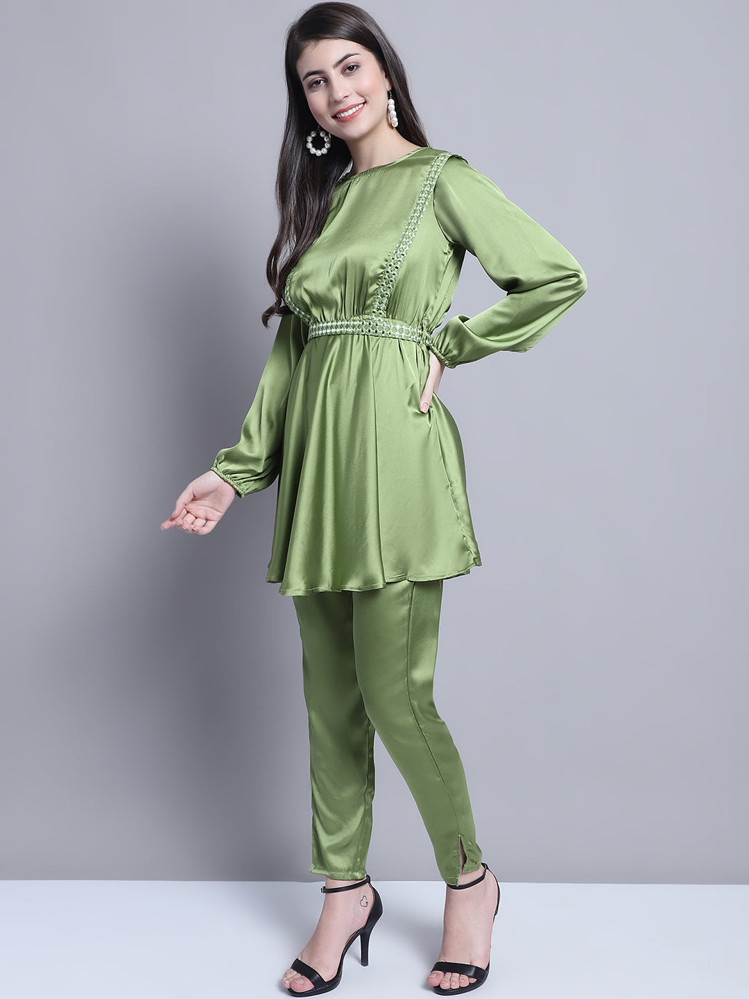 Women's Embroidered A-line Top and Trouser With Belt