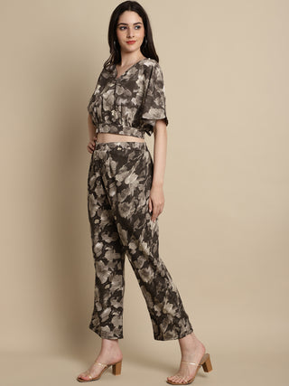 Women Brown Printed Crop Top With Palazzos
