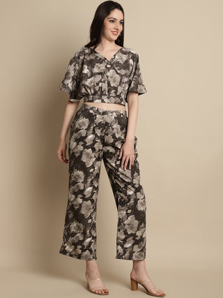 Women Brown Printed Crop Top With Palazzos