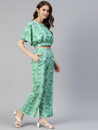 Women Green Printed Crop Top With Palazzos