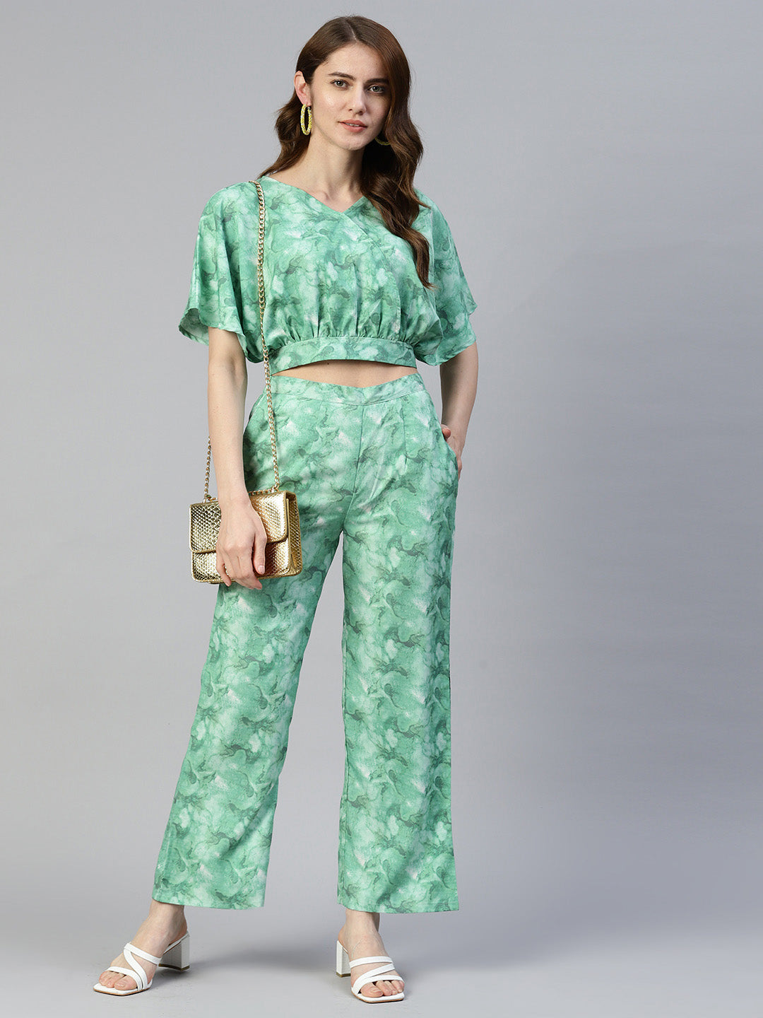 Women Green Printed Crop Top With Palazzos