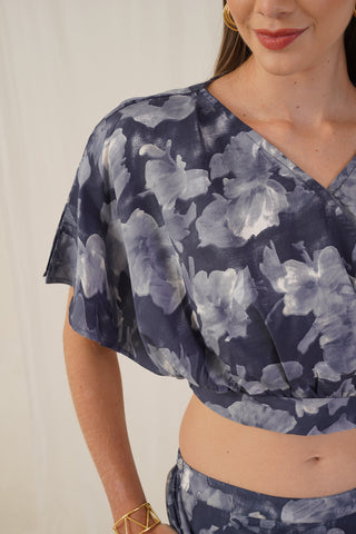 Women Grey Printed Crop Top With Palazzos