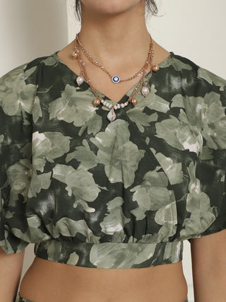 Women Olive Green Printed Crop Top With Palazzos