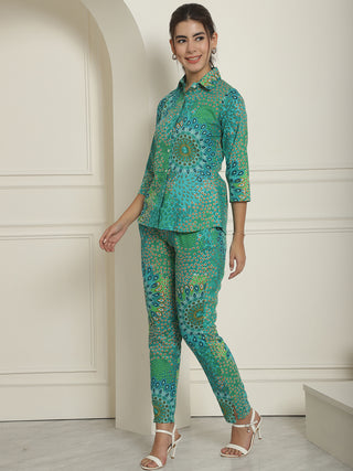 Women's Green Printed Shirt and Trouser Co-ords Set