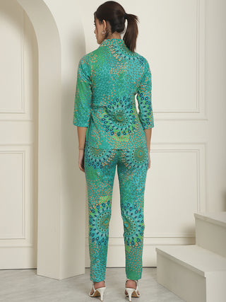 Women's Green Printed Shirt and Trouser Co-ords Set