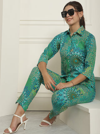 Women's Green Printed Shirt and Trouser Co-ords Set