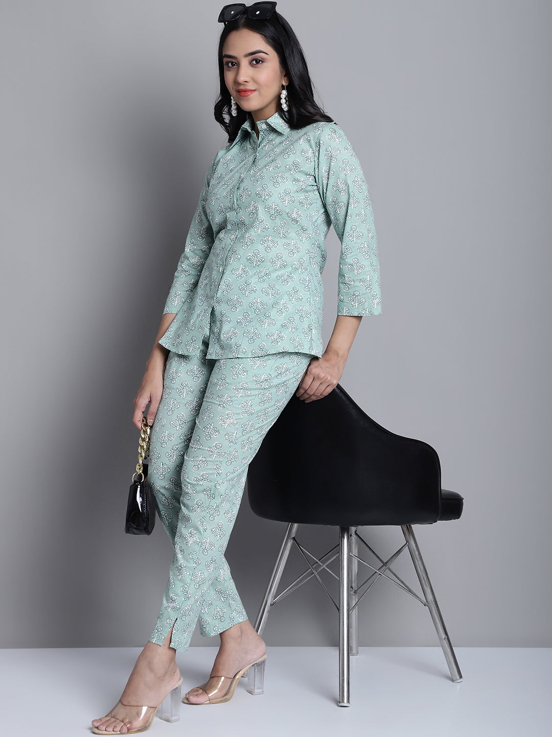 Women's Lime Green Printed Shirt and Trouser Co-ords Set