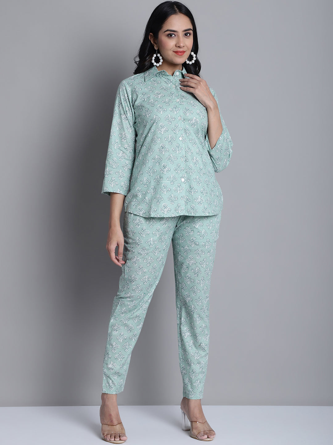 Women's Lime Green Printed Shirt and Trouser Co-ords Set