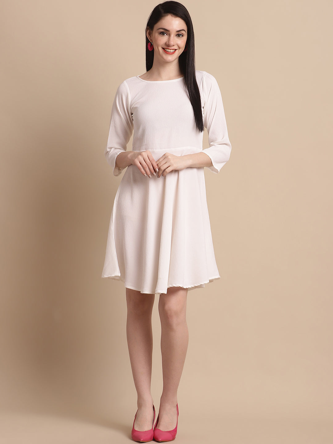 Women White Solid  A-Line Dress