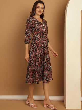 Floral Print Puff Sleeves Crepe Dress