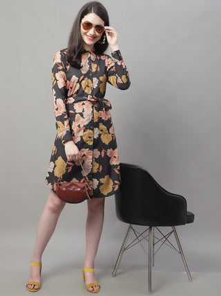 Women Black Printed A-Line Dresses With Belt