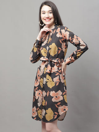 Women Black Printed A-Line Dresses With Belt