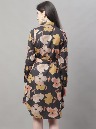 Women Black Printed A-Line Dresses With Belt