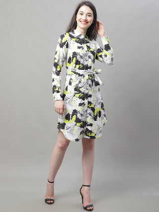 Women White Printed A-Line Dresses With Belt