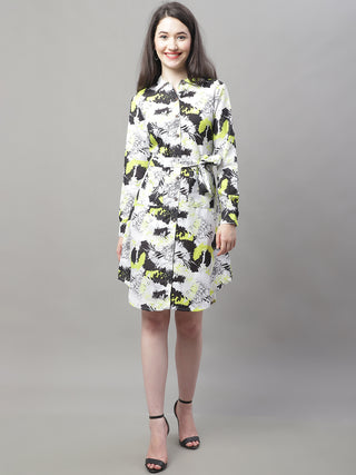 Women White Printed A-Line Dresses With Belt